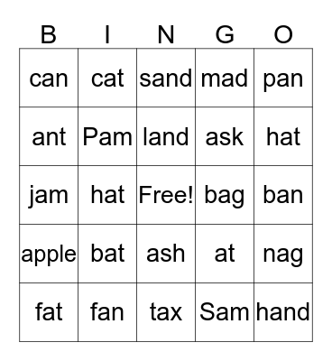 Short 'a' Sound Bingo Card