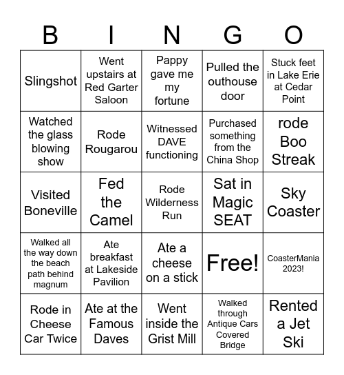 ‘23 Cedar Point Weirdo Bingo Card