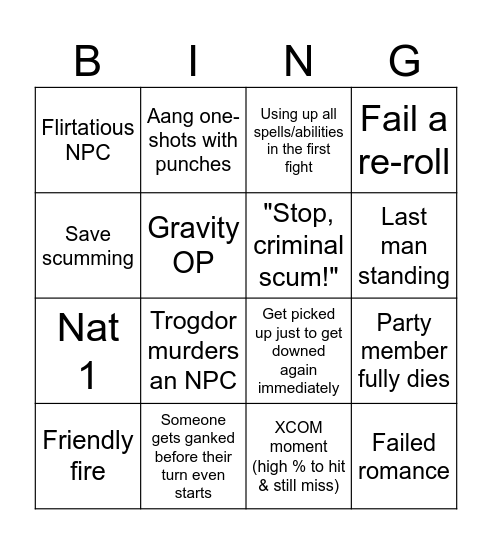 Baldur's Bingo 2.0 Bingo Card