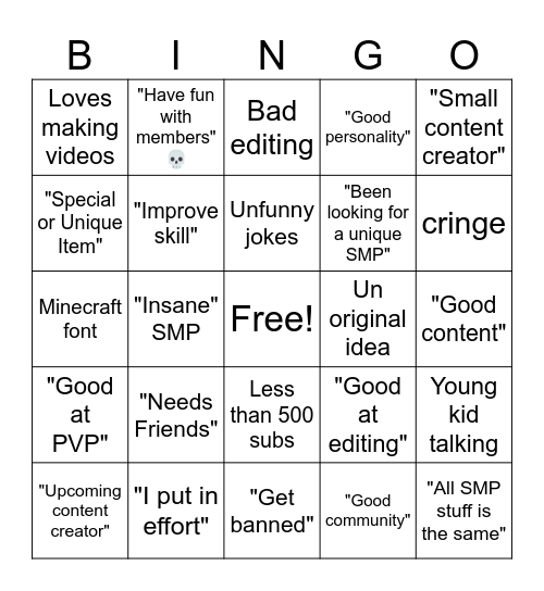 Minecraft SMP Videos Bingo Card