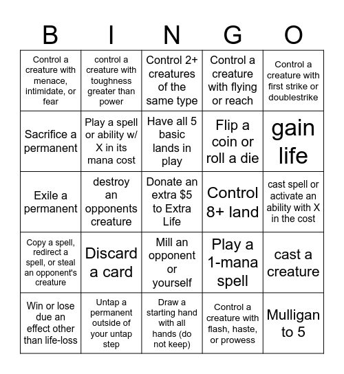 Magic the Gathering Bingo Card
