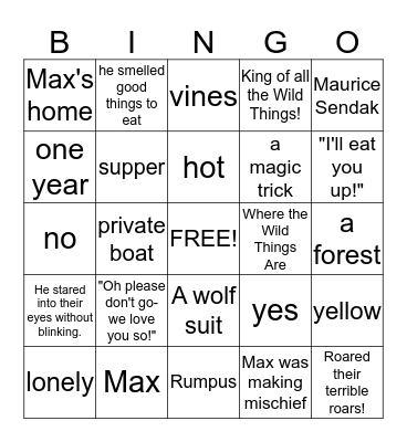Where the Wild Things Are Bingo Card