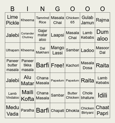 Indian Food Bingo Card