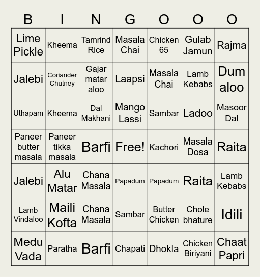 Indian Food Bingo Card