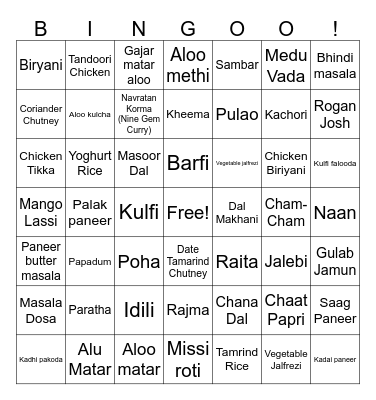 Indian Food Bingo Card