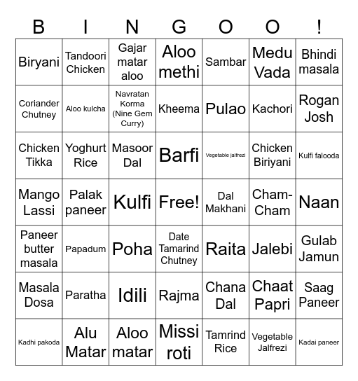 Indian Food Bingo Card