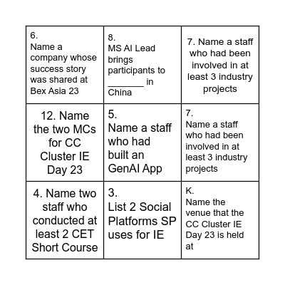 CC Cluster IE Day 2023 Bingo Card