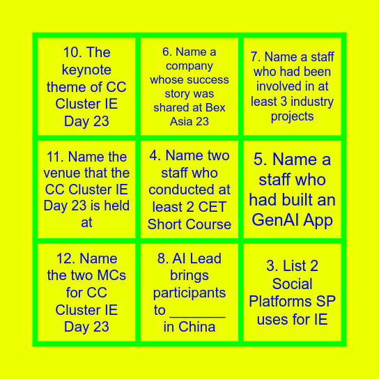 CC Cluster IE Day 2023 Bingo Card