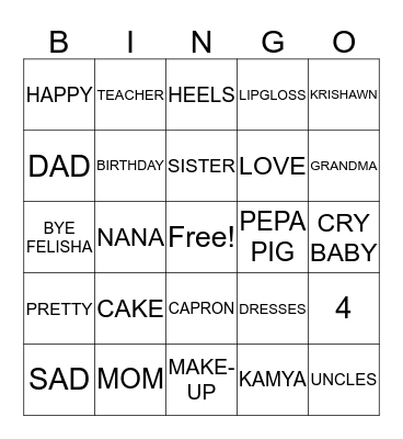 PRINCESS KAMYA Bingo Card