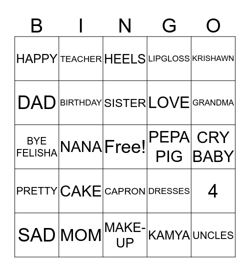 PRINCESS KAMYA Bingo Card