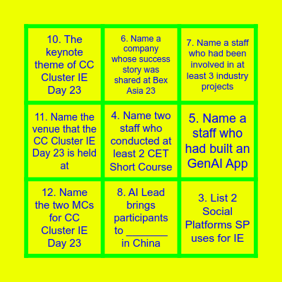 CC Cluster IE Day 2023 Bingo Card