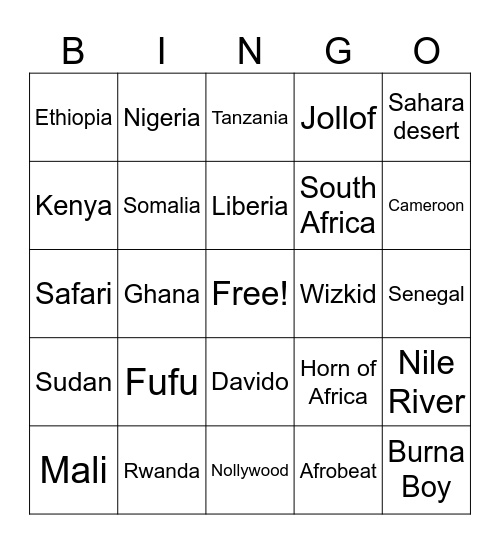 Africa Bingo Card
