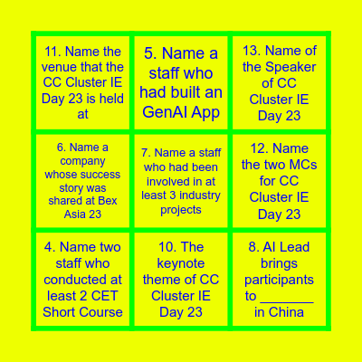 CC Cluster IE Day 23 Bingo Card