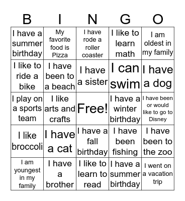 All About Me Bingo Card
