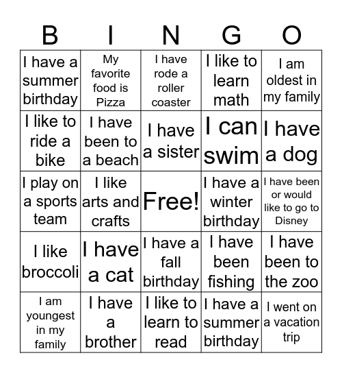 All About Me Bingo Card