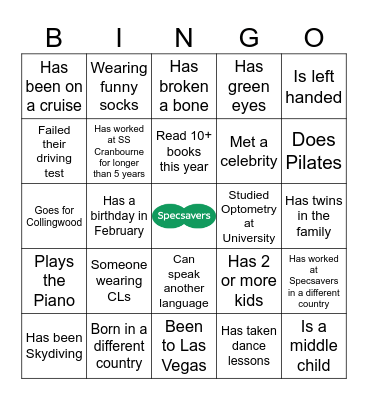 Specsavers Cranbourne BINGO Card