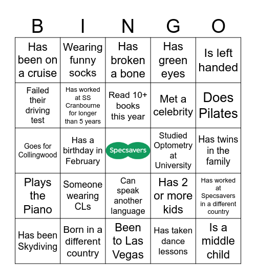 Specsavers Cranbourne BINGO Card