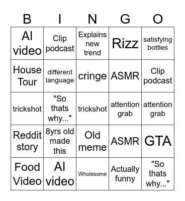 Youtube Shorts Bingo Card