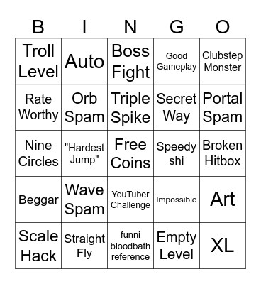 Geometry Dash Recent Tab Bingo Card