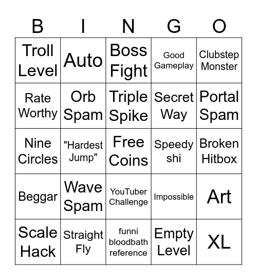 Geometry Dash Recent Tab Bingo Card