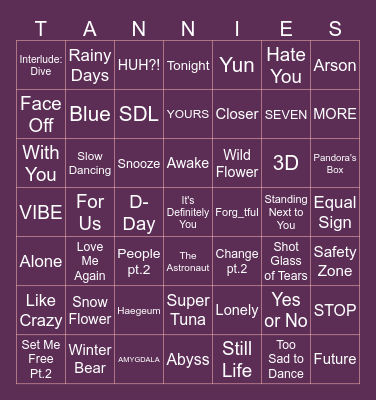Bangtan Solo Songs Bingo Card