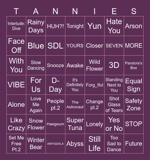 Bangtan Solo Songs Bingo Card