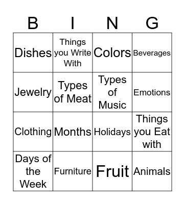 Naming  Bingo Card