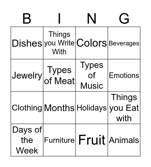Naming  Bingo Card
