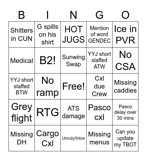 Saturday Opts Bingo Card