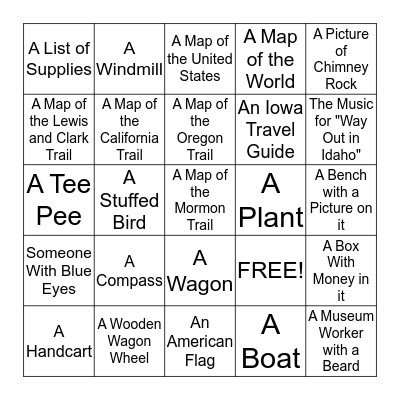 Western Historic Trails Center Scavanger Hunt (Inside) Bingo Card