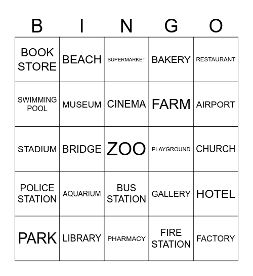 PLACES IN THE CITY Bingo Card