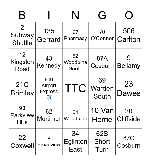 Toronto Transit Commission(TTC) Bingo Card