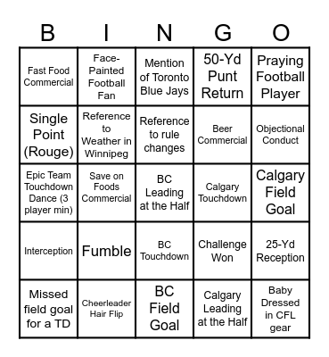 CFL Western Final Bingo Card