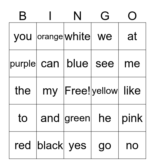 Sight Word Bingo Card