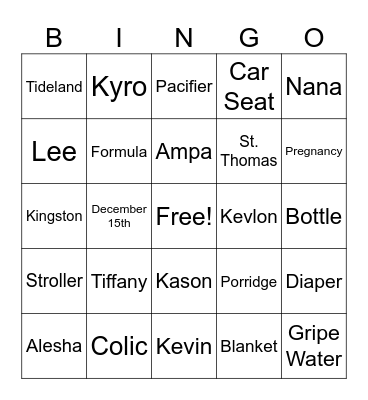 Kevin & Alesha's Baby Shower Bingo Card
