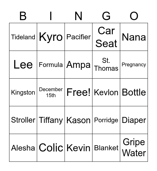 Kevin & Alesha's Baby Shower Bingo Card