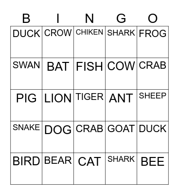 ANIMALS Bingo Card