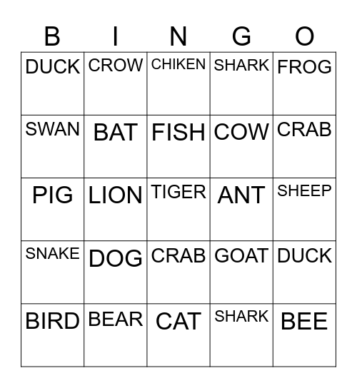 ANIMALS Bingo Card