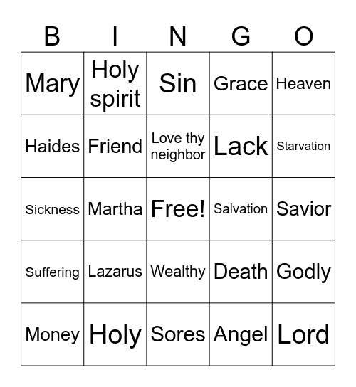 Rich man and Lazarus Bingo Card