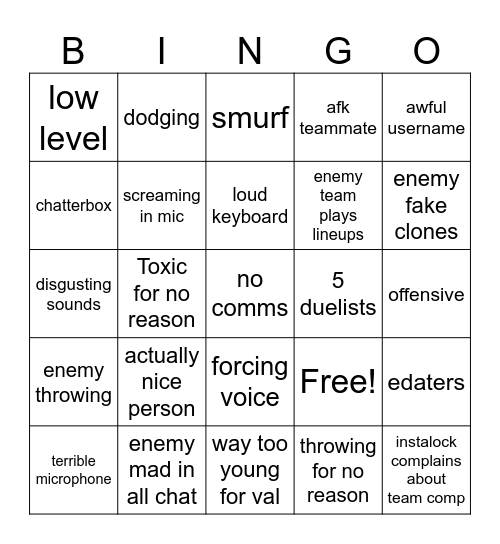 Valorant Bingo Card