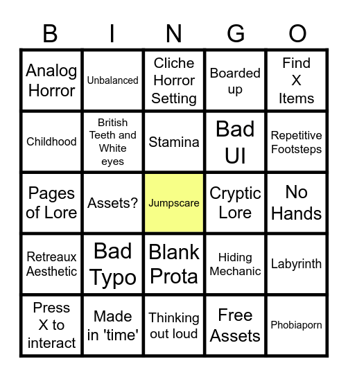 Scary Game Bingo Card