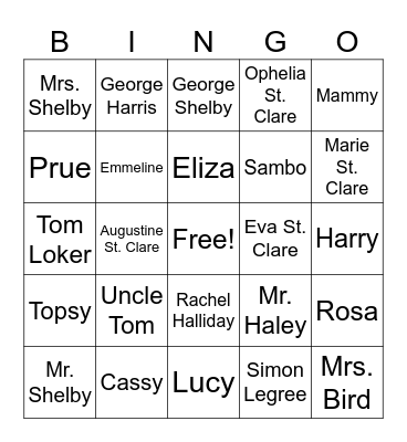 Uncle Tom's Cabin Bingo Card