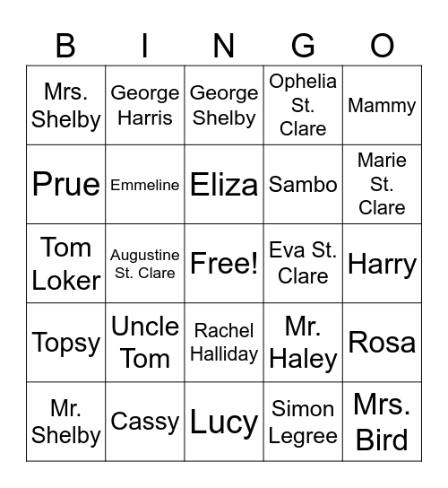 Uncle Tom's Cabin Bingo Card