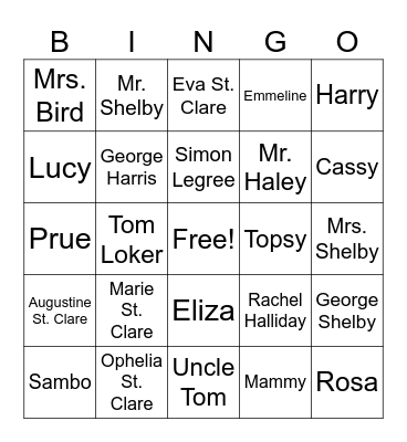 Uncle Tom's Cabin Bingo Card