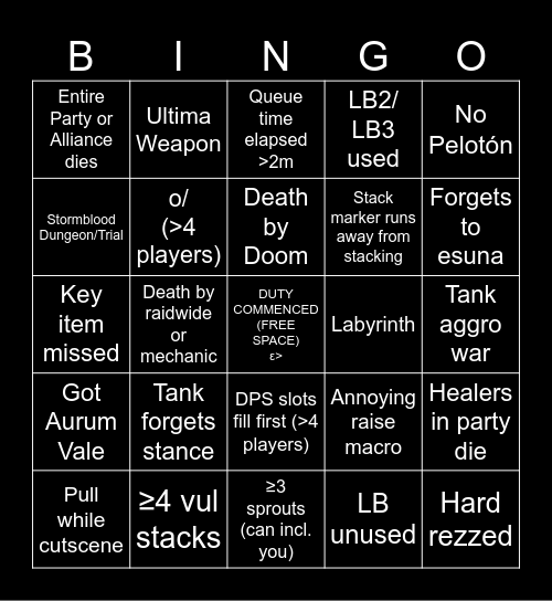 FFXIV Duty Roulette Bingo II Bingo Card