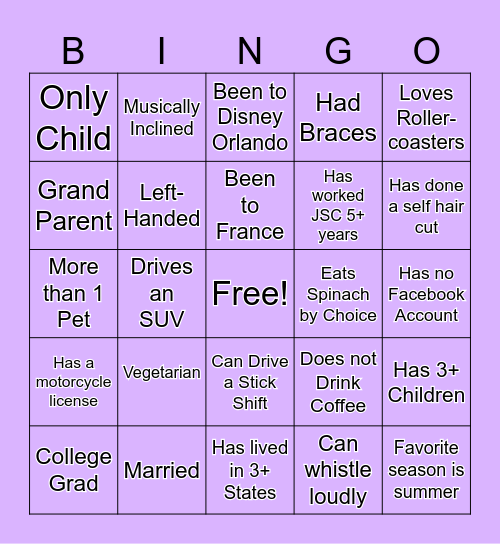 GETTING TO KNOW YOU BINGO Card