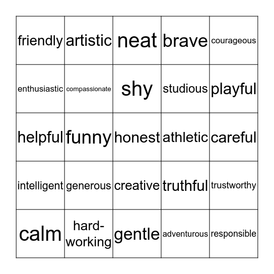 Personality Characteristics Bingo Card