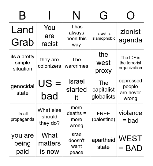 israel x palestine Debate Bingo Card