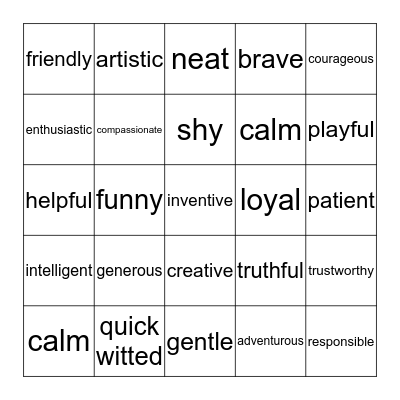 Personality Characteristics Bingo Card