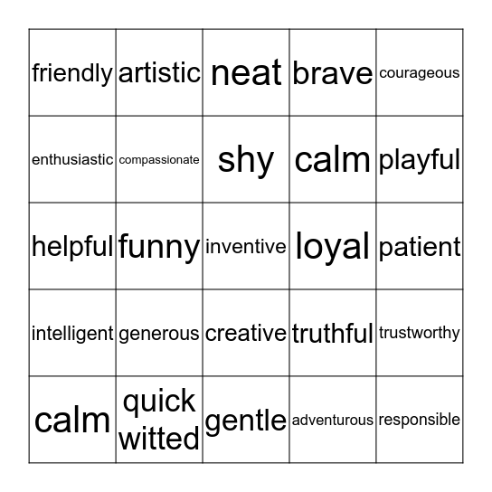 Personality Characteristics Bingo Card